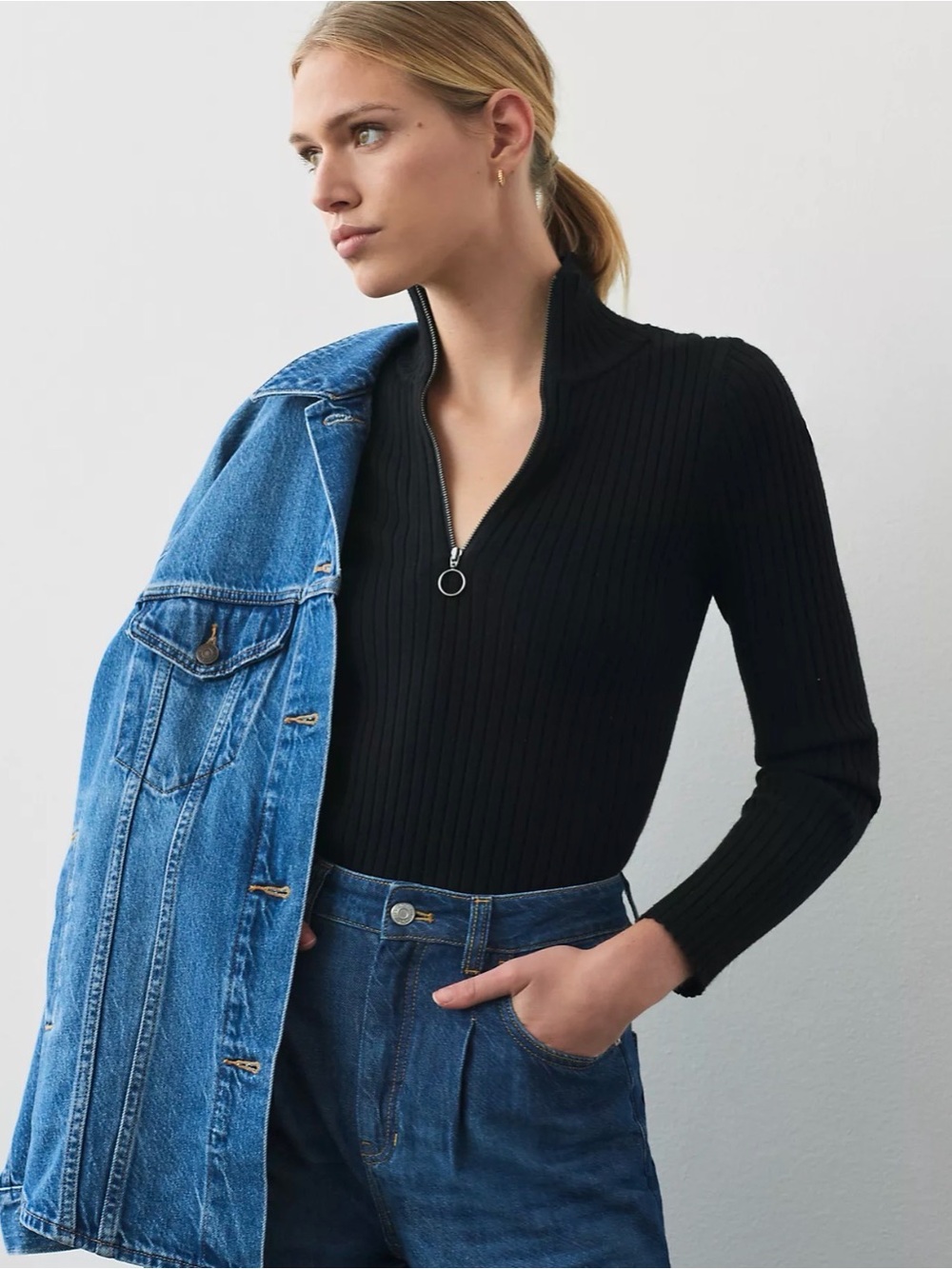 Maeve Black Ribbed Quarter Zip